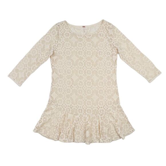 Free People Dress Womens 10 Ivory Lace Ruffle Hem 3/4 Sleeve Sheath *Read - Picture 3 of 9